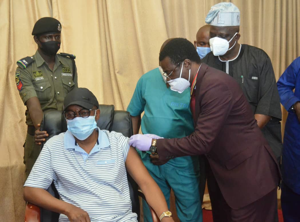 Figure 9: The state governor, Mr Gboyega Oyetola receiving a dose of COVID-19 Vaccine
